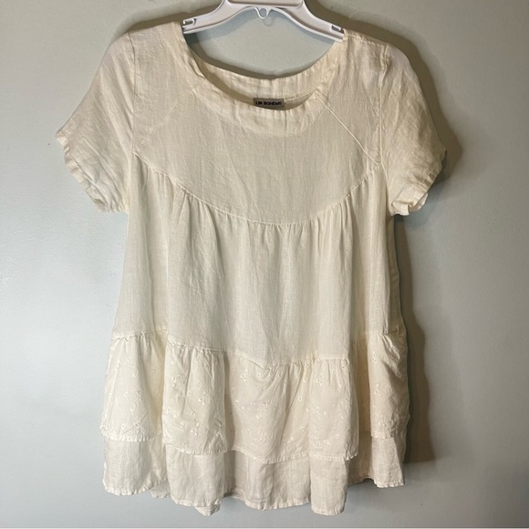 Aritzia Wilfred Lin Boheme 100% Linen Cream Babydoll Dress Tiered Eyelet Sz Med - Picture 6 of 11
